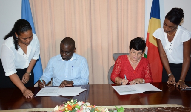 Dr. Karamagi (sitting in for the WHO Regional Director) and Minister Larue (MoH) during the ceremony Photo courtesy Seychelles Nation