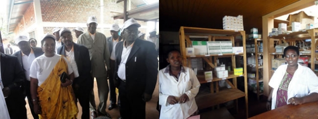 De gauche à droite ( au premier plan) : le Ministre en charge de la santé, le Gouverneur de Kirundo, le Représentant a.i de l’OMS au Burundi et le Directeur du Programme National Paludisme visitent la pharmacie de l’hôpital de district de Kirundo