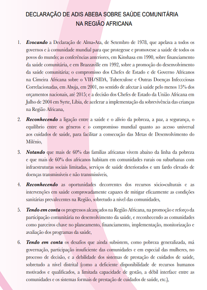 Declaração de Adis Abeba sobre Saúde Communitária na Região Africana, Adis Abeba 20-22 Novembro 2006