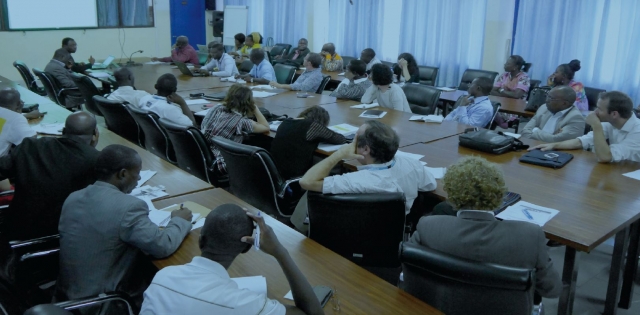 Vue des participants lors de la réunion conjointe des partenaires et bailleurs des secteurs Santé et WASH, salle de réunion de l’OMS (Kinshasa).
