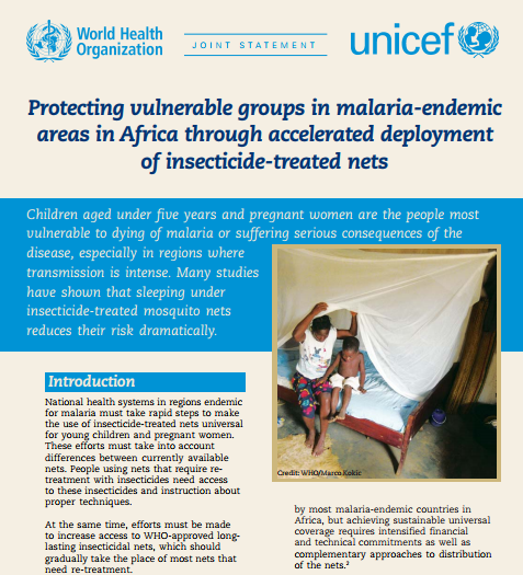 Protecting vulnerable groups in malaria-endemic areas in Africa through  accelerated deployment of insecticide-treated nets, WHO