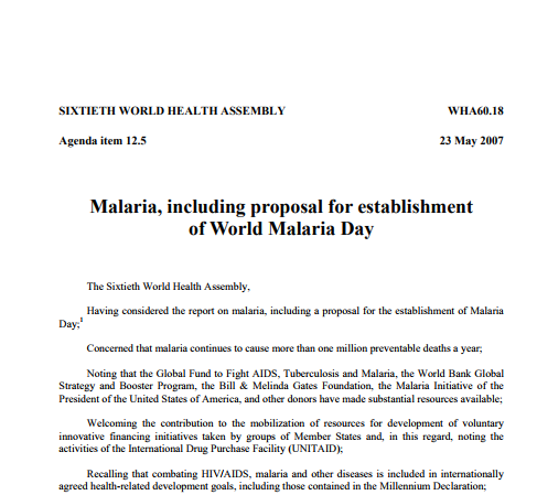  WHA60.18: Malaria including proposal for establishment of World Malaria Day