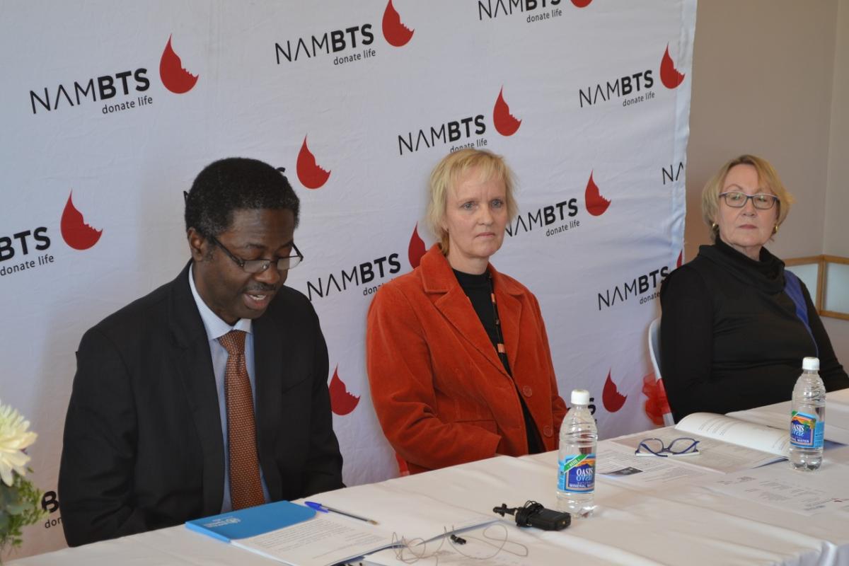 WHO Representative to Namibia, Dr Charles Sagoe-Moses (left), speaking at the event; alongside Dr Britta Lohrke from Ministry of Health and Social Services (middle)