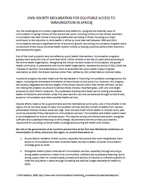 Civil society declaration for equitable access to immunization in Africa