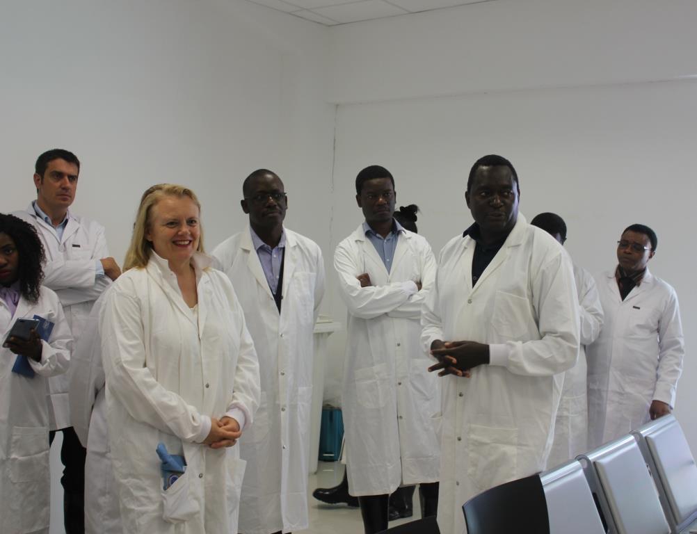 The District Director of Health for Lusaka, Dr. Namani Monze (front right) explaining the operations at the Cholera treatment hospital to  the United Nations Resident Coordinator, Ms Janet Rogan (front left), the WHO Representative, Dr. Nathan Bakyaita (second left) the deputy Head of Office of DFID in Zambia, Mr. Andrew Ockenden (far left),