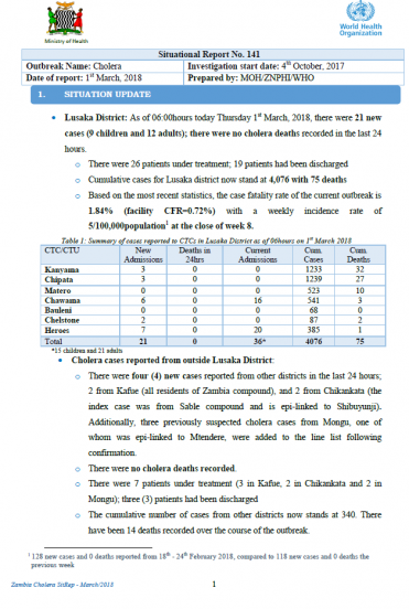 Zambia Cholera outbreak Situation Report - 1 March 2018