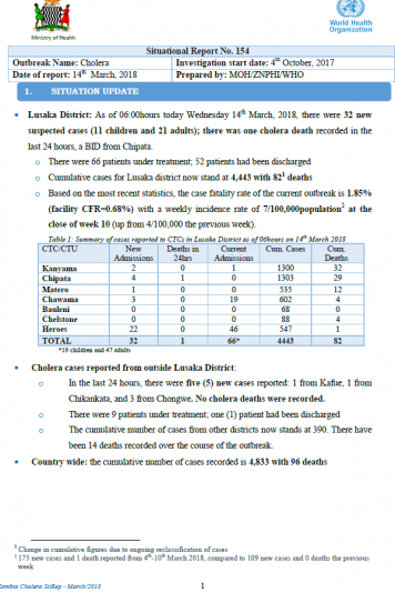 Zambia Cholera Outbreak Situation Report - 14 March 2018