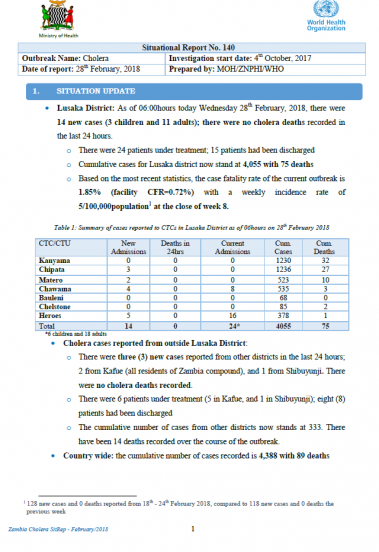 Zambia Cholera Outbreak Situation Report - 28 February 2018
