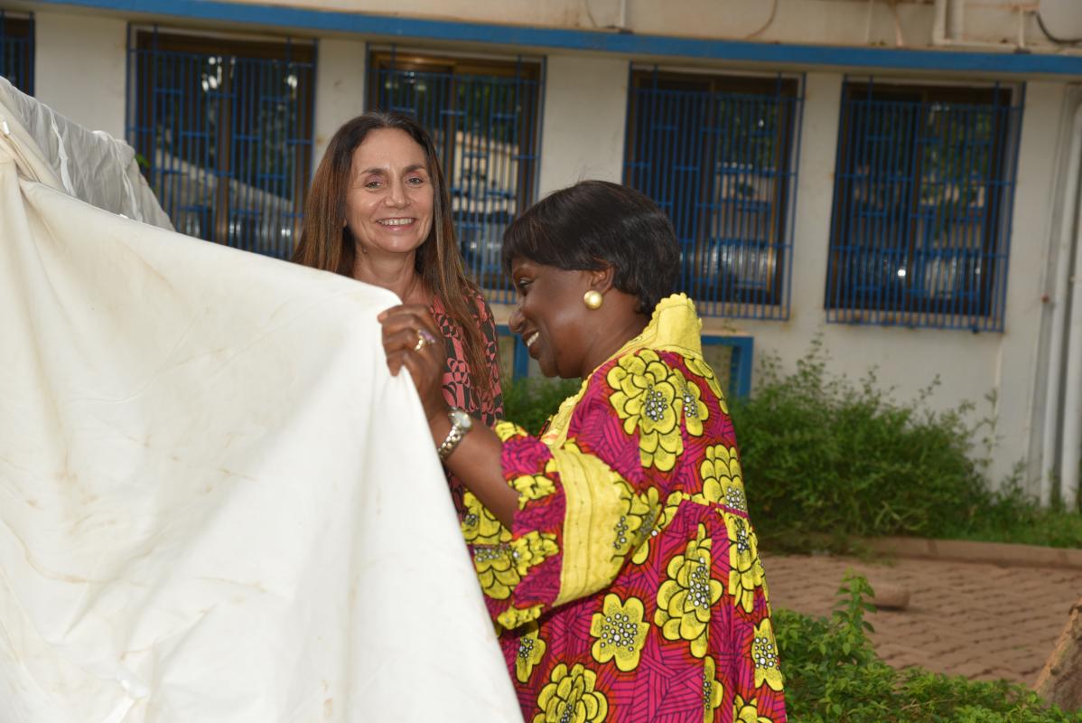 Remise symbolique d'une tente par  Dr  Alimata J. DIARRA-NAMA, Représentant de l'OMS au Burkina Faso (Robe jaune-rose)
