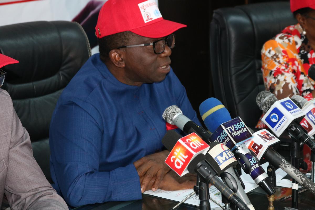 Minister of Health Professor Isaac Adewole delivering his speech during the Media briefing