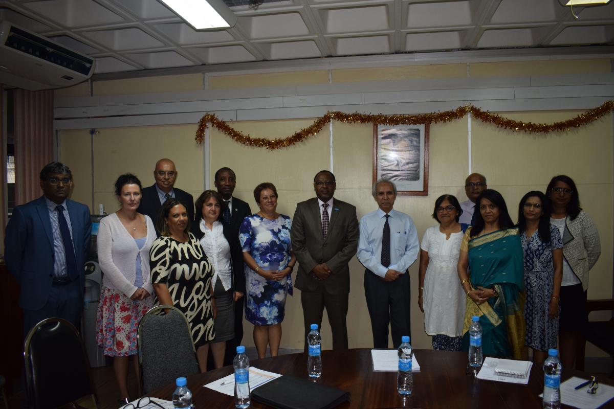 The delegation from St Helena Island in the company of Dr L. Musango, WHO Representativ, the Health Minister, Dr Hon. A. Husnoo (in the centre) and high level officials of the Ministry of Health and Quality of Life