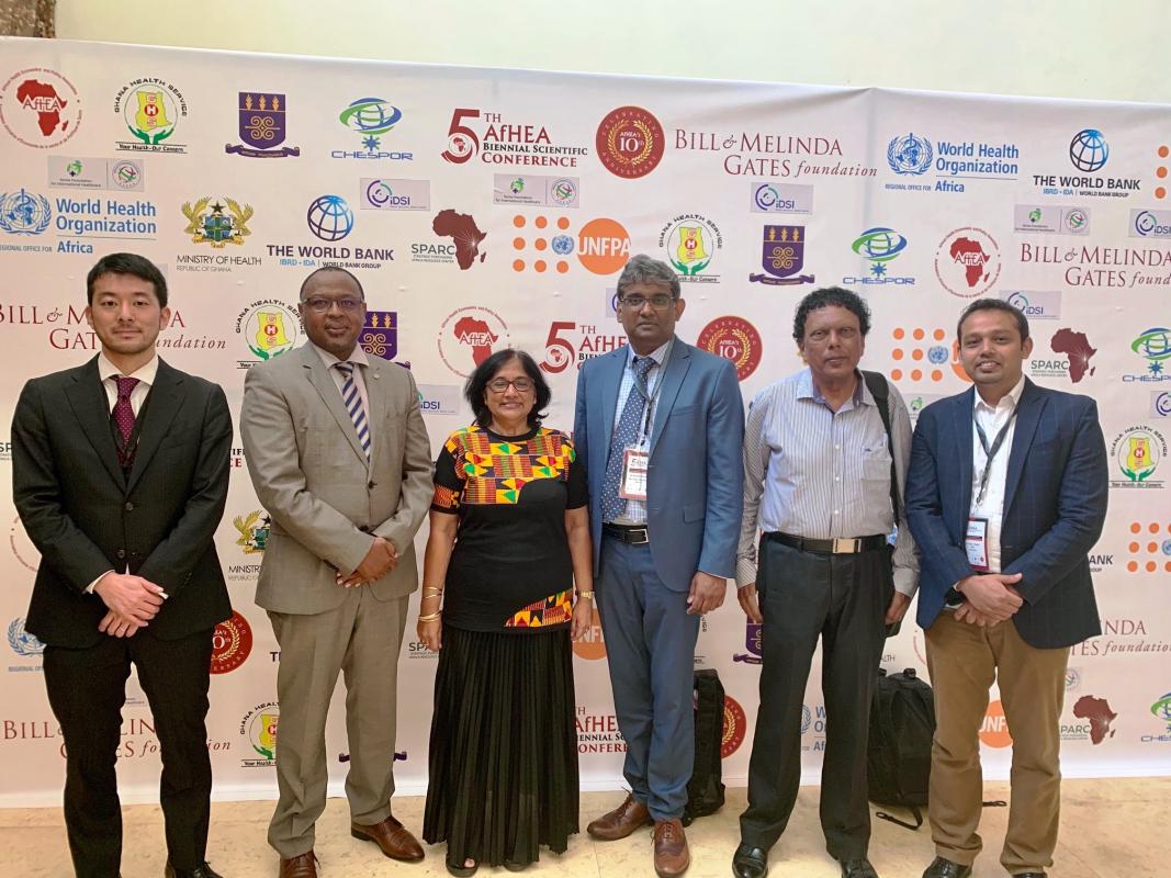 Mauritius Delegates at the afHEA Conference in Ghana, March 2019: Dr A. Samura, WHO Technical Officer, Dr L. Musango, WHO Representative, Dr (Mrs) Timol, Director Health Services, Ministry of Health and Quality of Life, Mr A. Nundoochan, WHO-NPO (Operations), Mr Y. Ramful, Lead Health Analyst, Ministry of Health and Quality of Life and Dr F. Shaikh, WHO Technical Officer 