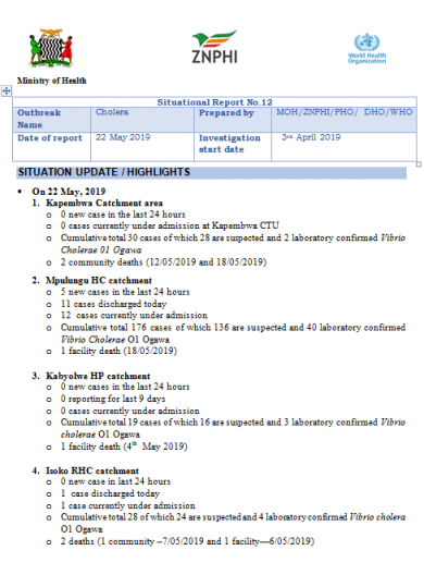 Zambia Cholera Situation Report - 22 May 2019