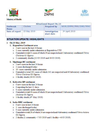 Zambia Cholera Situation Report - 23 May 2019