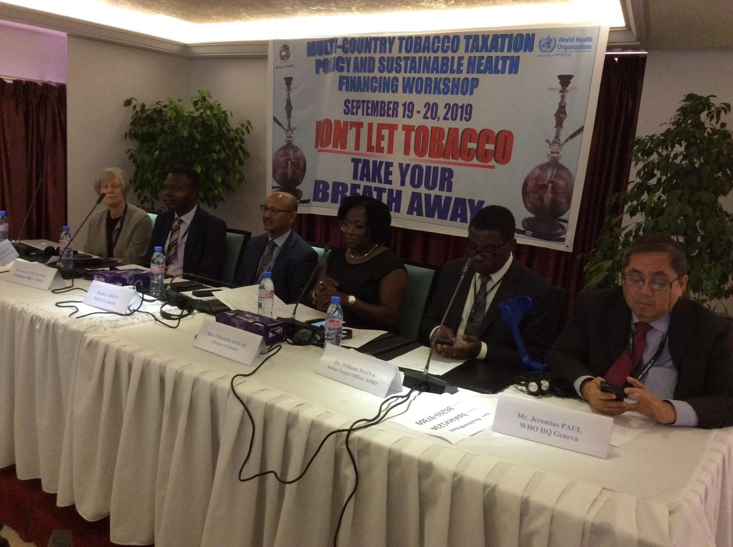 Ms. Norwu Howard, Dep. Health Minister, Dr. Mesfin G. Zbelo, WHO Country Rep. a.i., Dr. William Maina, WHO AFRO Project Officer for Tobacco and other high-profile delegates at the Tobacco Taxation Policy and Health Financing Workshop in Monrovia