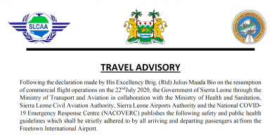 Governemnt of Sierra Leone Travel Advisory July 2020