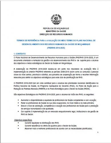 TERMOS DE REFERÊNCIA PARA A AVALIAÇÃO DO MEIO TERMO DO PLANO NACIONAL DE DESENVOLVIMENTO DOS RECURSOS HUMANOS DA SAÚDE DE MOÇAMBIQUE (PNDRHS 2016-2025)