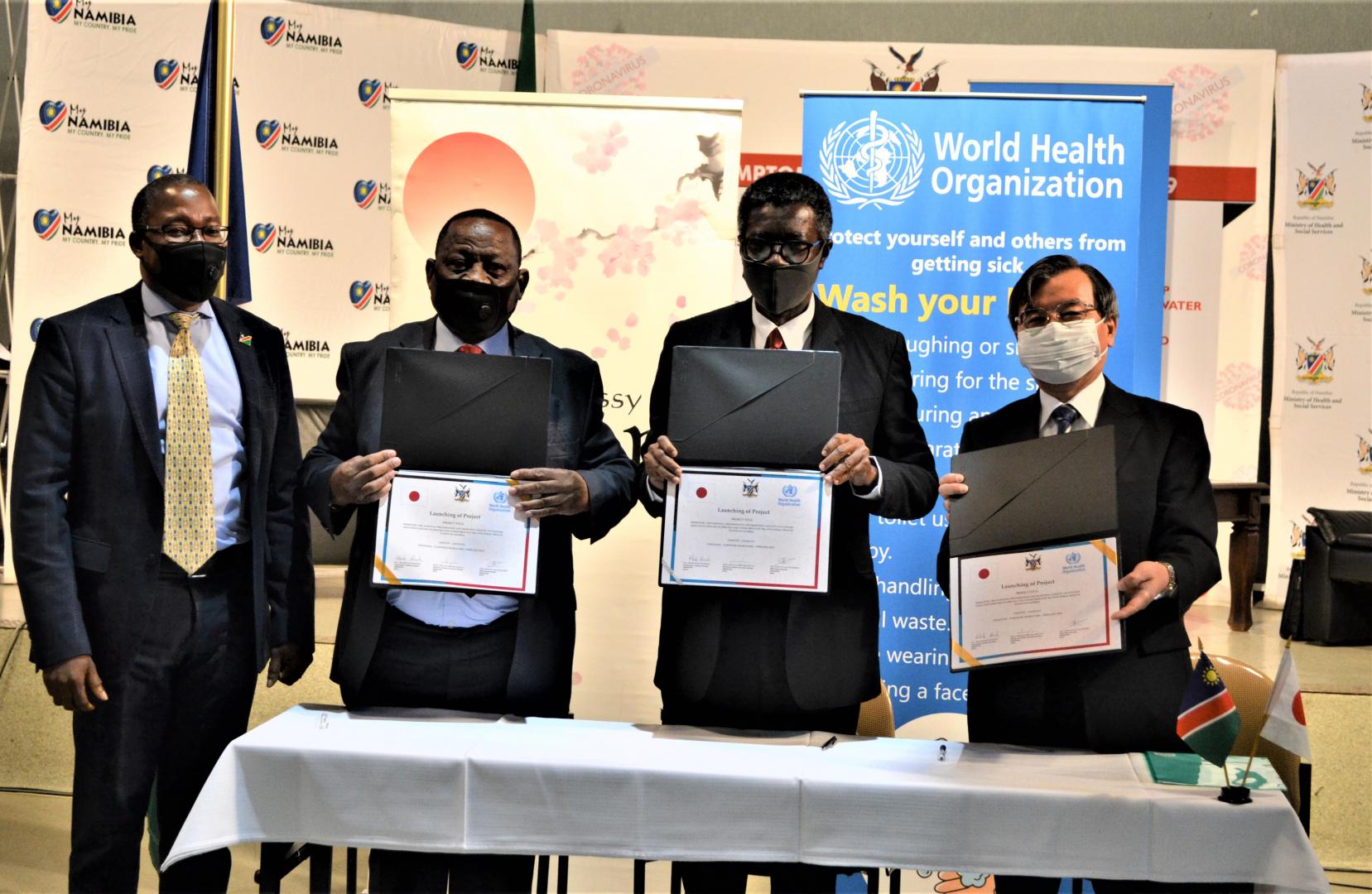 Executive Director of the Ministry of Health and Social Services, Mr. Ben Nangombe, Minister of Health and Social Services, Hon. Dr Kalumbi Shangula, WHO Representative, Dr. Charles Sagoe-Moses and Ambassodor of Japan to Namibia, HE Hideaki Harada