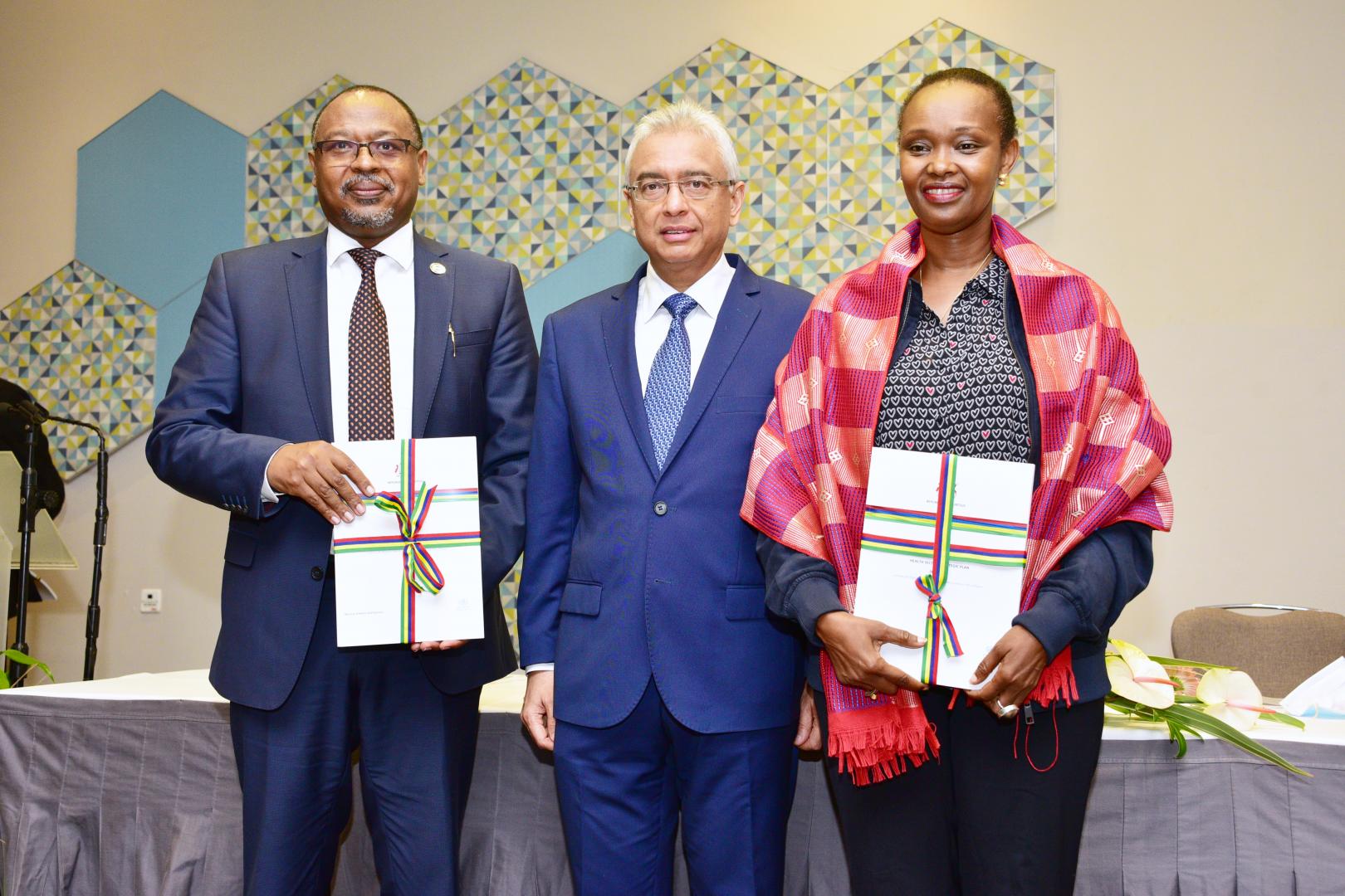 Dr Laurent Musango, WHO Representative in Mauritius, Hon. P. K. Jugnauth, Prime Minister of the Republic of Mauritius (centre) and Mrs Christine Umutoni, UN Resident Coordinator during the launching of the Health Sector Strategic Plan 2020-2024 