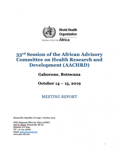 33rd Session of the African Advisory Committee on Health Research and Development (AACHRD), Gaborone, Botswana, October 14 – 15, 2019