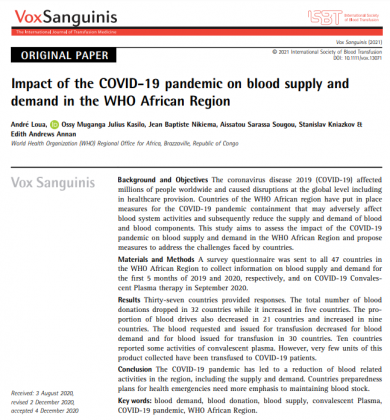Impact of the COVID-19 pandemic on blood supply and demand in the WHO African Region