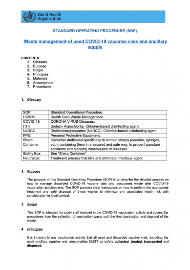 Standard Operating Orocedure (SOP): Waste management of used COVID-19 vaccines vials and ancillary supply