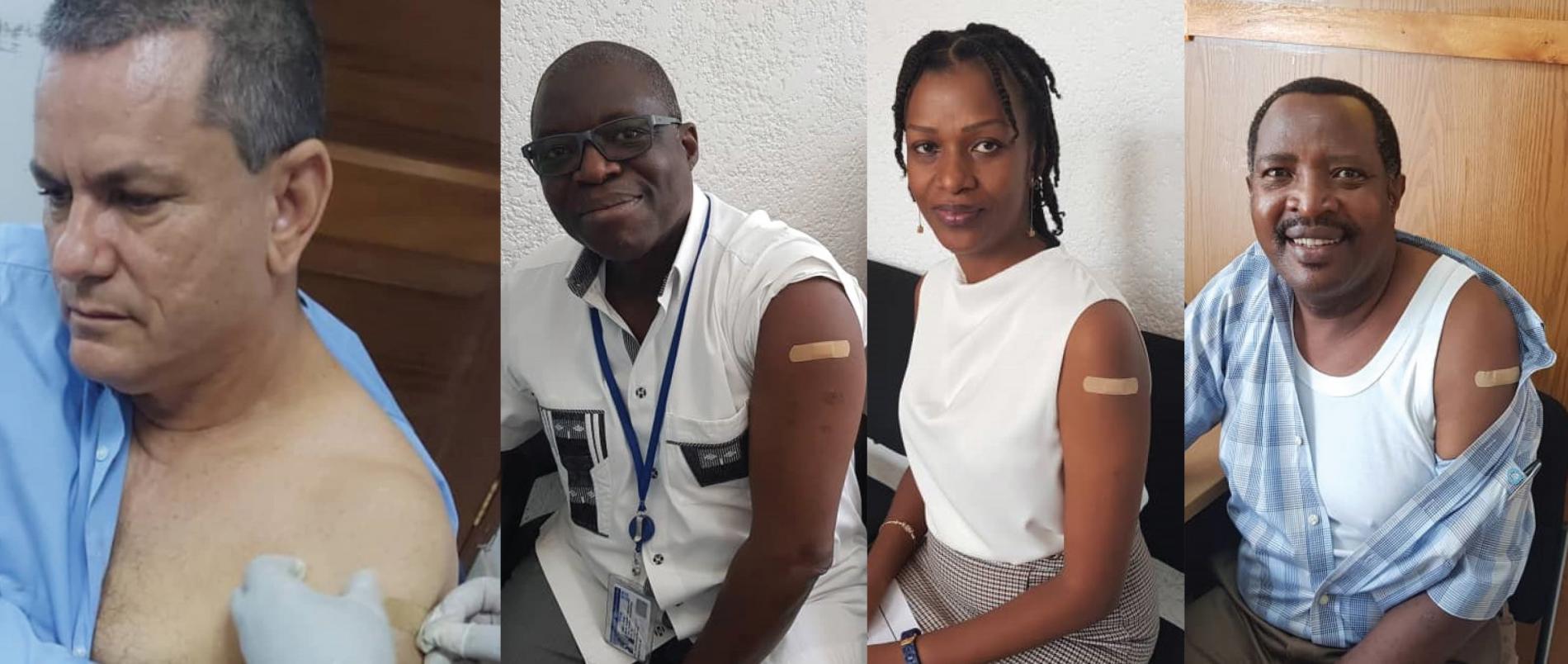 Mr le Représentant de l'OMS BURUNDI et quelques uns de ses collaborateurs recevant leur première dose de vaccin contre la Covid-19.