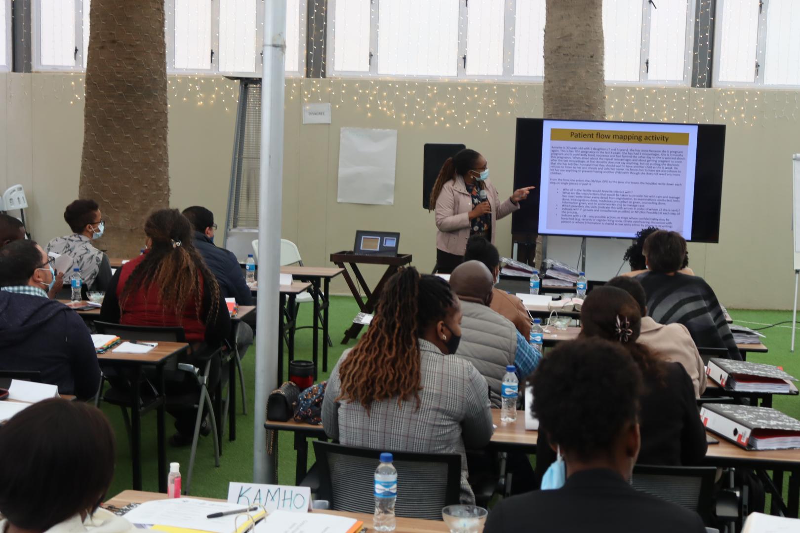 WHO Health Promotion Officer, Mrs. Celia Kaunatjike, making a presentation on documenting violence during a training of health managers in Swakopmund