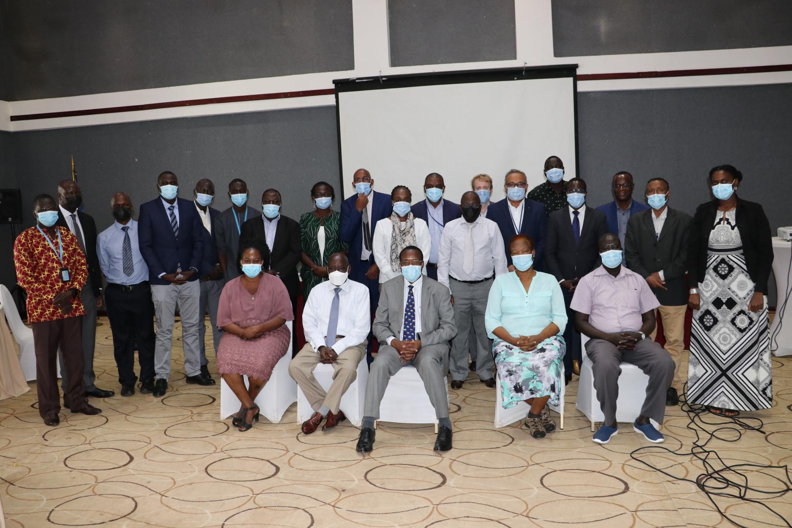 Dr Paul Samson Baba, Acting Undersecretary of the Ministry of Health and Dr Fabian Ndenzako, the WHO Representative a.i. for South Sudan joined by Directors General and other top officials from the Ministry of Health and WCO technical staff in a group photo during the 2022-2023 biennium plan meeting in Juba