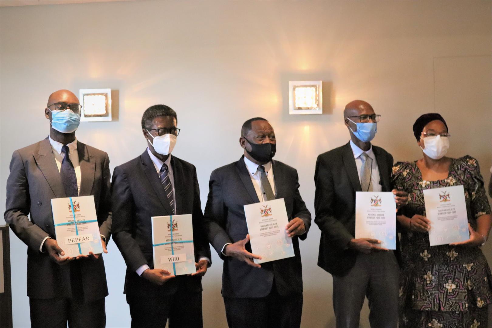 Minister of Health and Social Services, Hon. Dr. Shangula and WHO Representative, Dr. Charles Sagoe-Moses joined by partners at the launch of the National eHealth Strategy. 