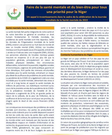 Faire de la santé mentale et du bien-être pour tous une priorité pour le Niger : Un appel à investissements dans le cadre de la célébration de la Journée mondiale de la Santé mentale de 2022