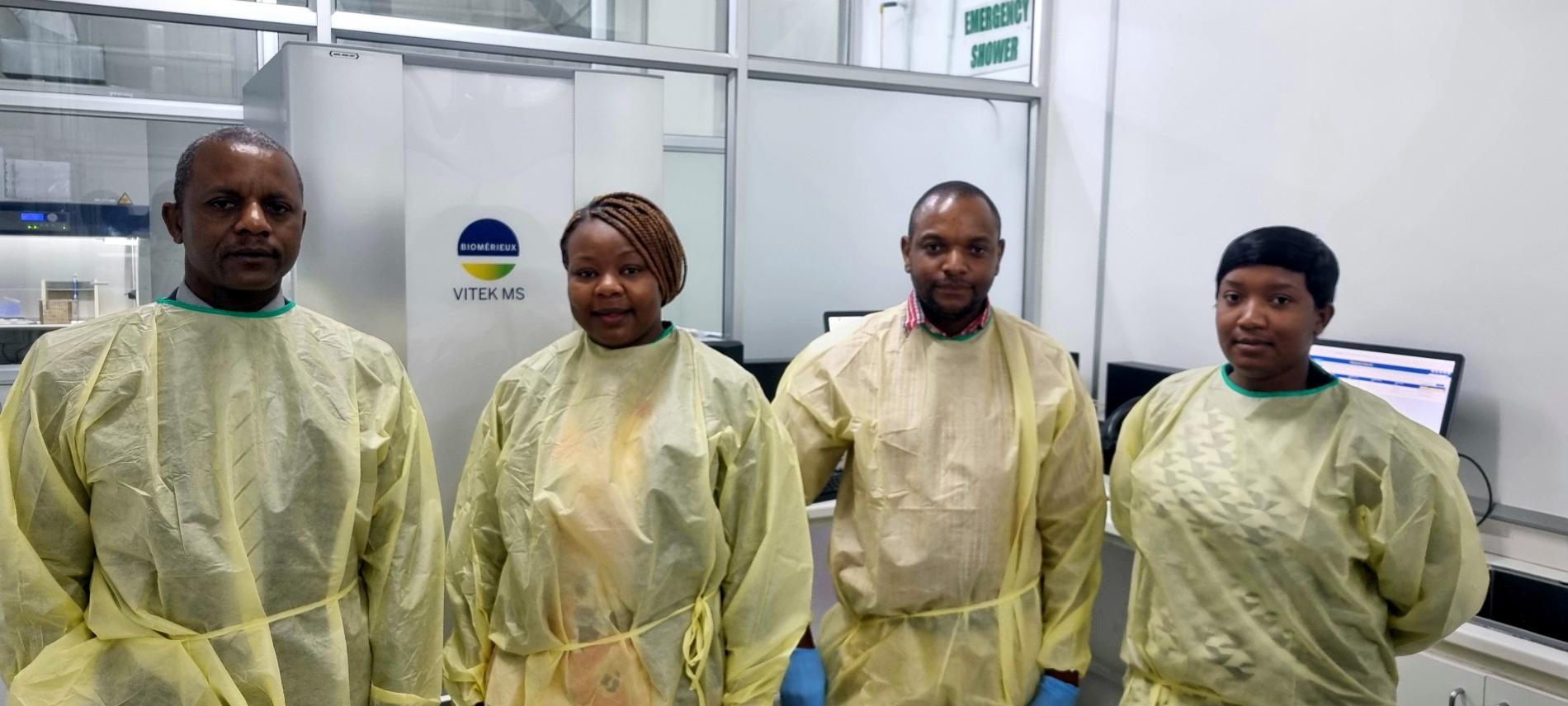  Ministry of Health and Child Care, Chief Director Public Health. Munyaradzi Dobbie (left) and some of the scientists who received on-the-job training in MALDI-TOF MS technology