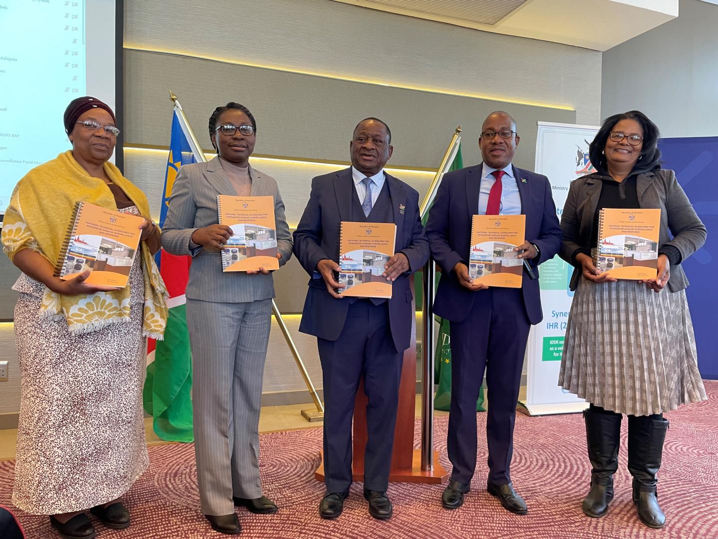Dr Kalumbi Shangula, Minister of Health and Social Services, Dr Mary Brantuo, WHO Officer-in-Charge, Mr. Ben Nangombe, Executive Director of MHSS, Mrs Philomena Ochurus, Director of Health Information and Research and Mrs Kaura also from the Directorate of Health Information and Research