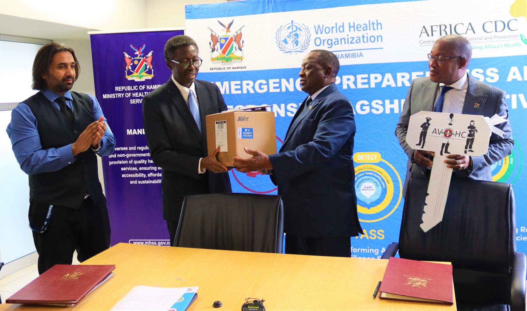 Dr Kalumbi Shangula, Minister of Health and Social Services, Dr Charles Sagoe-Moses, WHO Representative and Mr Ben Nangombe, Executive Director of MOHSS during the signing and handover ceremony 