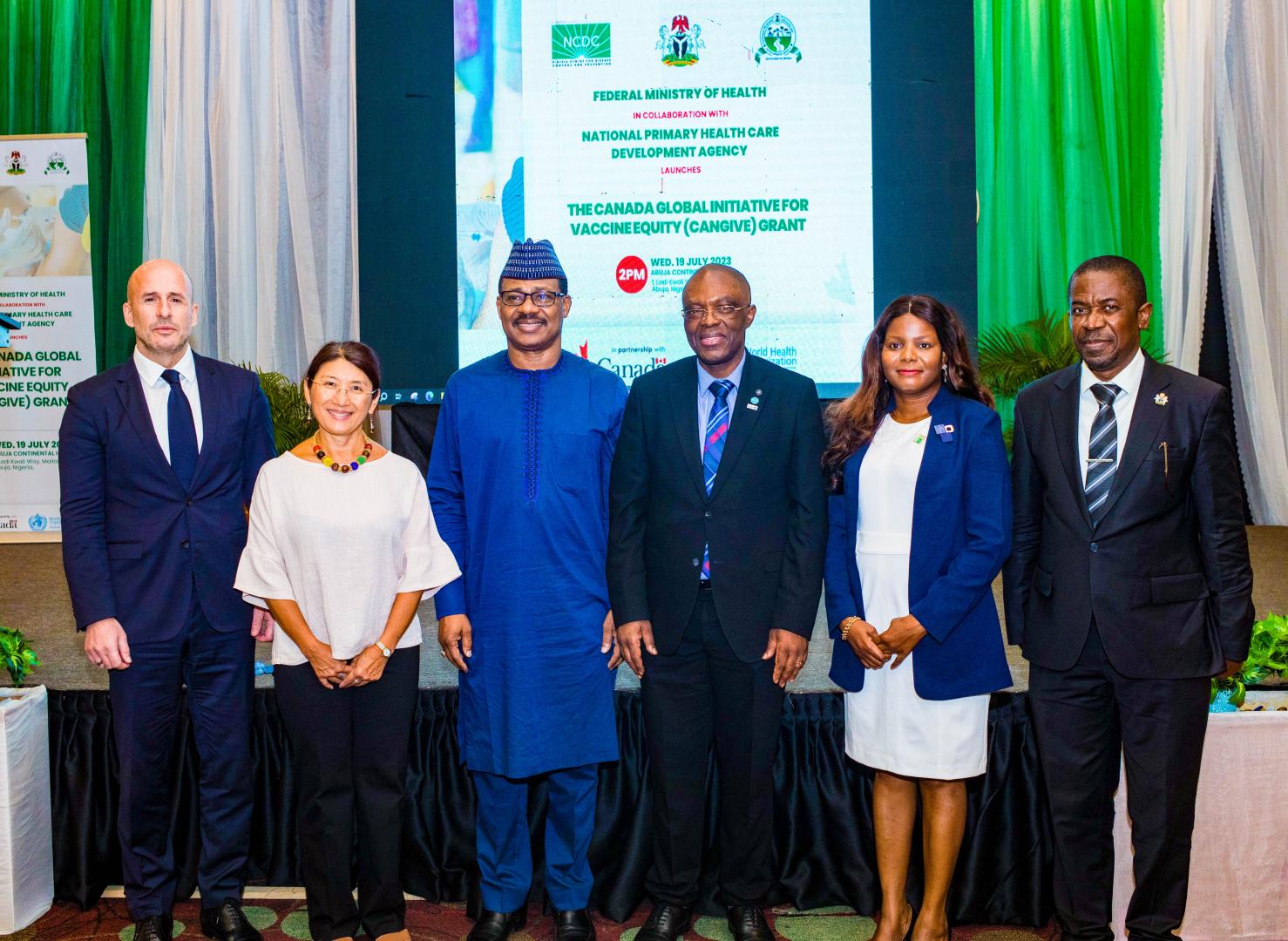     Left to right - The Canadian High Commissioner, WHO EPR Cluster Lead,  ED NPHCDA, WHO Country Representative, Director of Surveillance NCDC  and Director of Disease Control and Immunization- NPHCDA, at the launching of the CanGIVE grant in Abuja. 