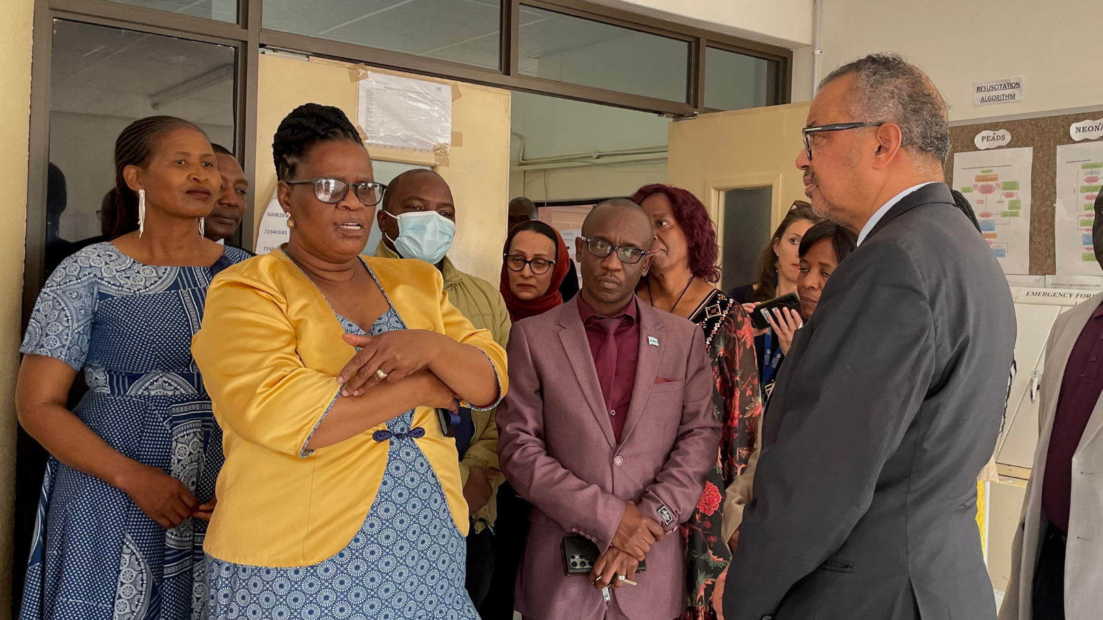 WHO Director-General Tedros Adhanom Ghebreyesus speaks to staff at Julia Molefhe Clinic in Gaborone during his tour of the facility.