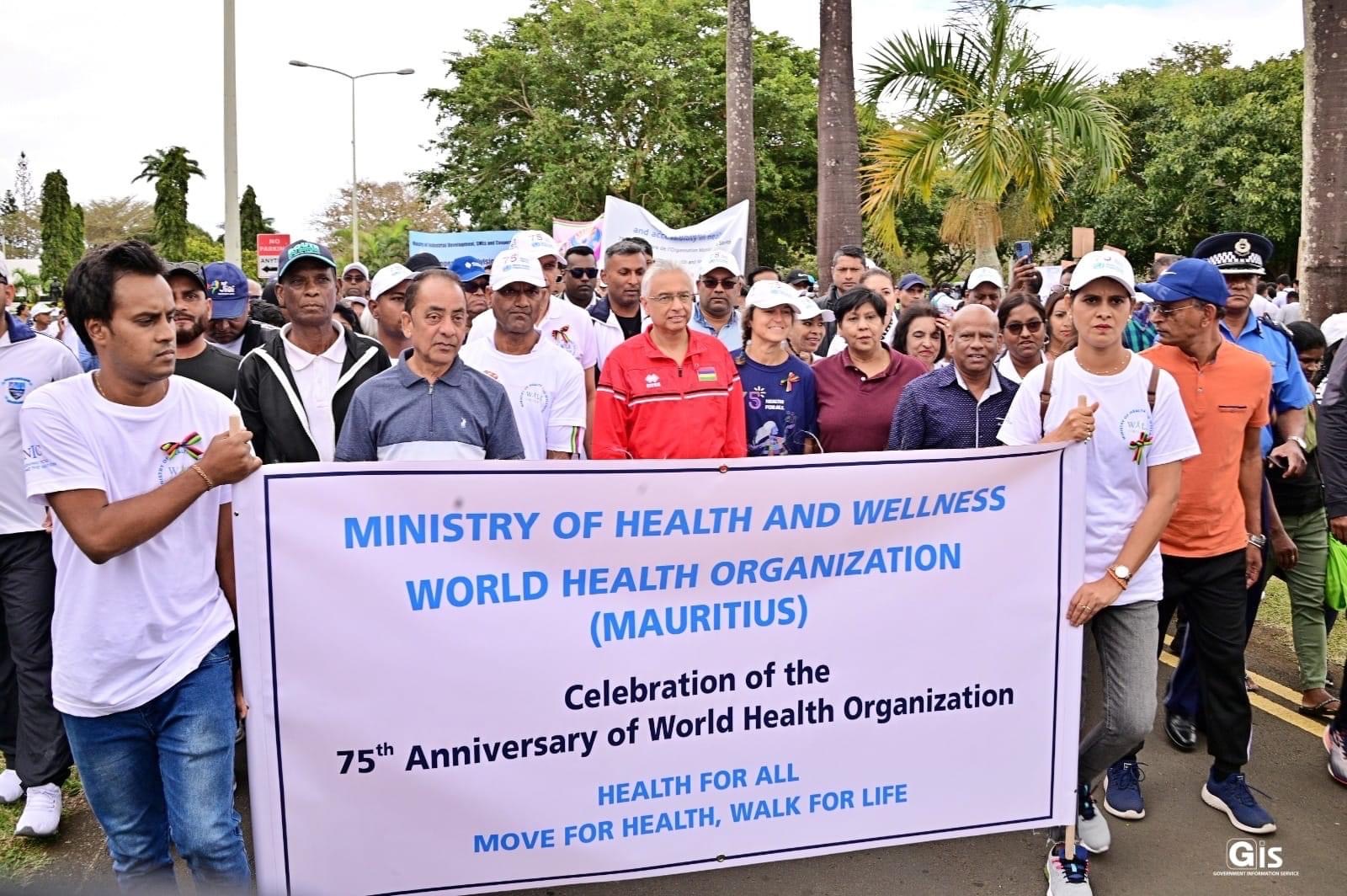 The Prime Minister of the Republic of Mauritius leading the March together with WHO Representative to commemoration of WHO 75th Anniversary- 'Walk for Health - Walk for Life - 14 September 2023, Mauritiushe Prime Minister of the Republic of Mauritius leading the March together with WHO Representative to commemoration of WHO 75th Anniversary- 'Walk for Health - Walk for Life - 14 September 2023, Mauritius