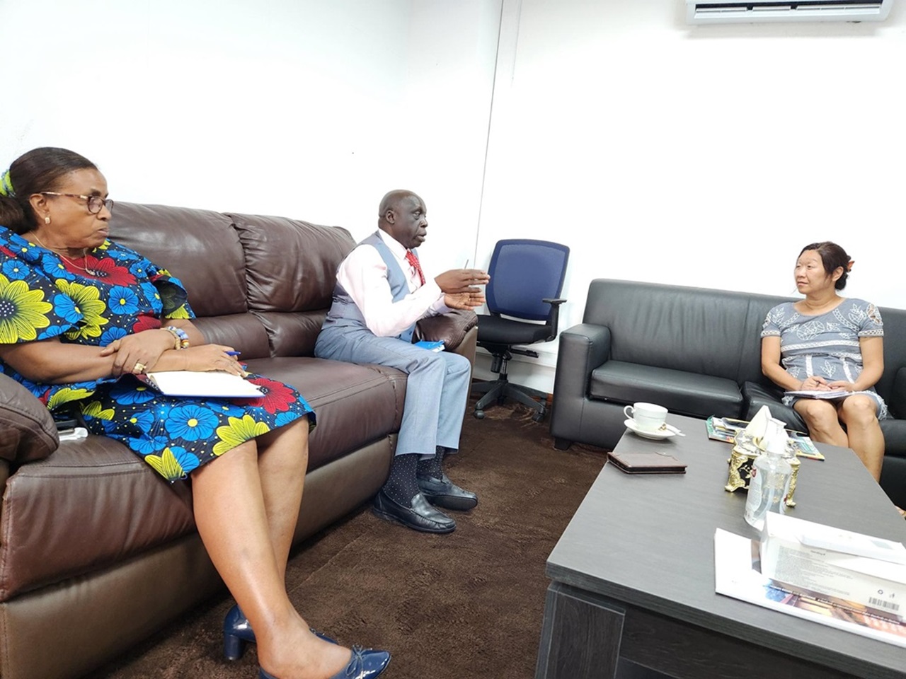 Dr. Clement Peter stresses a point while Ms. Sandra  Bird (right) and Dr. Musu Duworko pay close attention