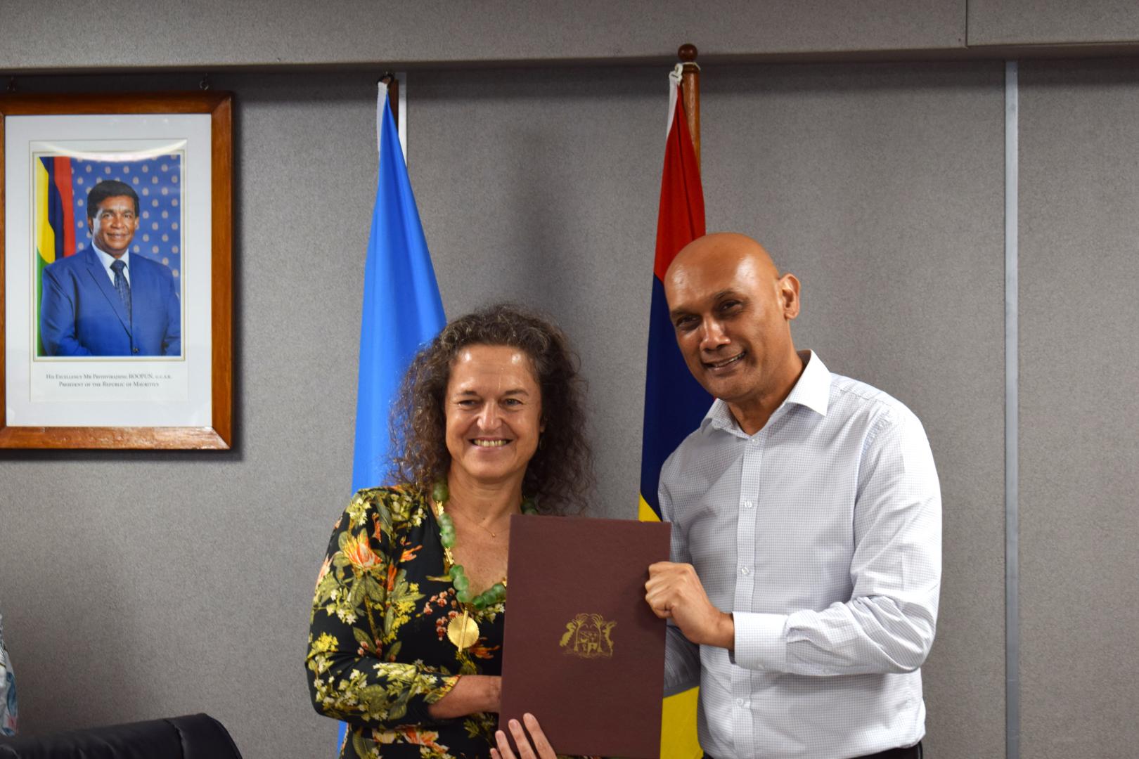 WR, Dr Ancia, and the Minister of Health, Dr Jagatpal, after signing the new Biennial Workplan 2024-2025