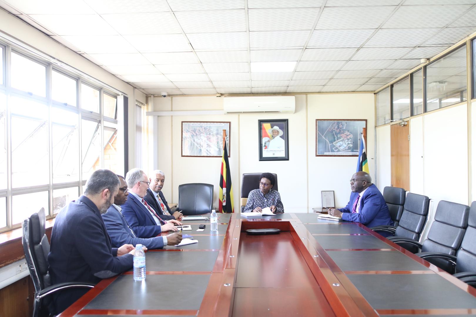From right to left, meeting between Dr Andrew Bakainaga, WHO Lead - District Health Management Uganda, the Minister of Health, Dr. Jane Ruth Aceng Ocero; Dr Yonas Tegegn Woldemariam - WHO Representative to Uganda; Dr. Santino Severoni, Director of the Department of Health, and Migration at the WHO headquarters.
