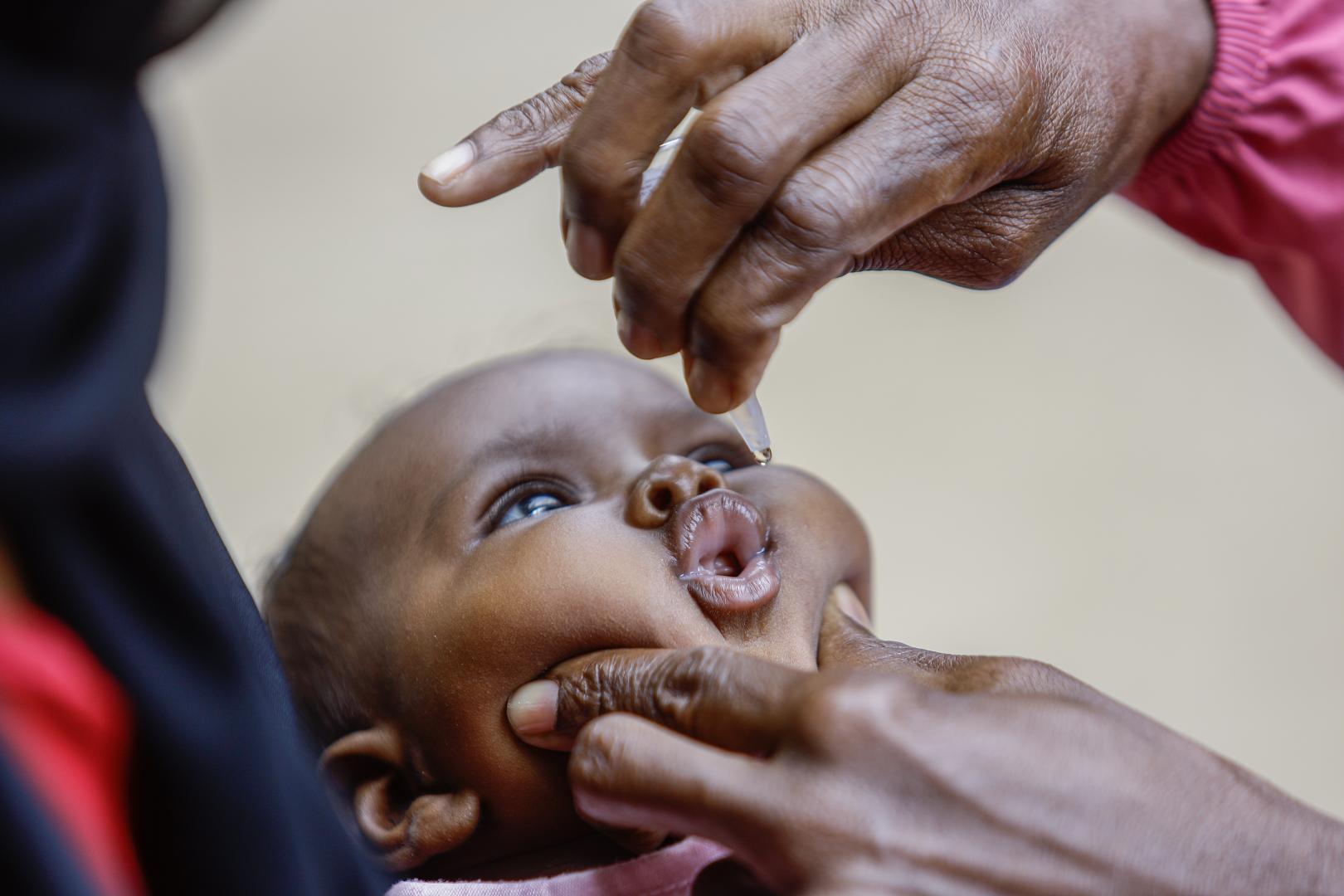 A baby receives oral polio vaccine drops during a childhood immunization activity.