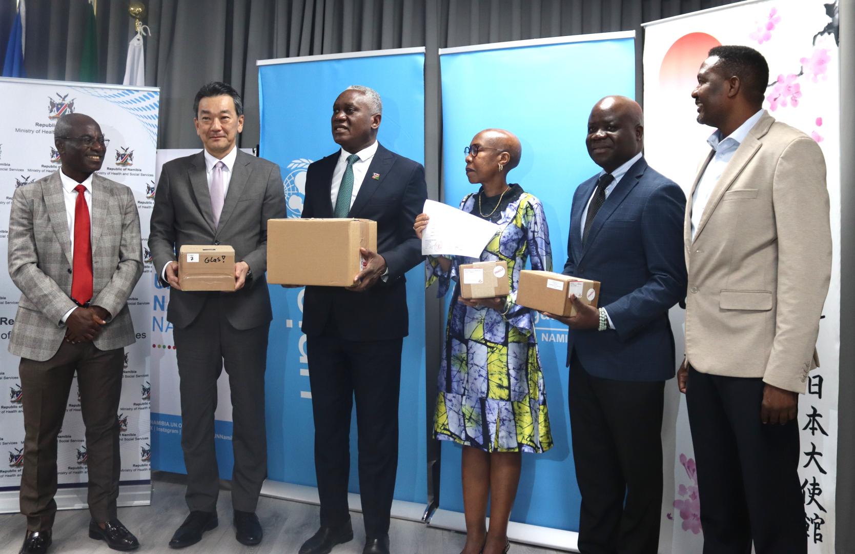 UNICEF Representative, Mr Sam Ocran, Ambassador of Japan to Namibia is His Excellency Mr. Shinichi Asazuma, Executive Director, Mr Penda Ithindi, United Nations Resident Coordinator Ms Hopelang Phororo, WHO Representative, Dr Richard Banda and Deputy Executive Director, Dr Alfons Amoomo