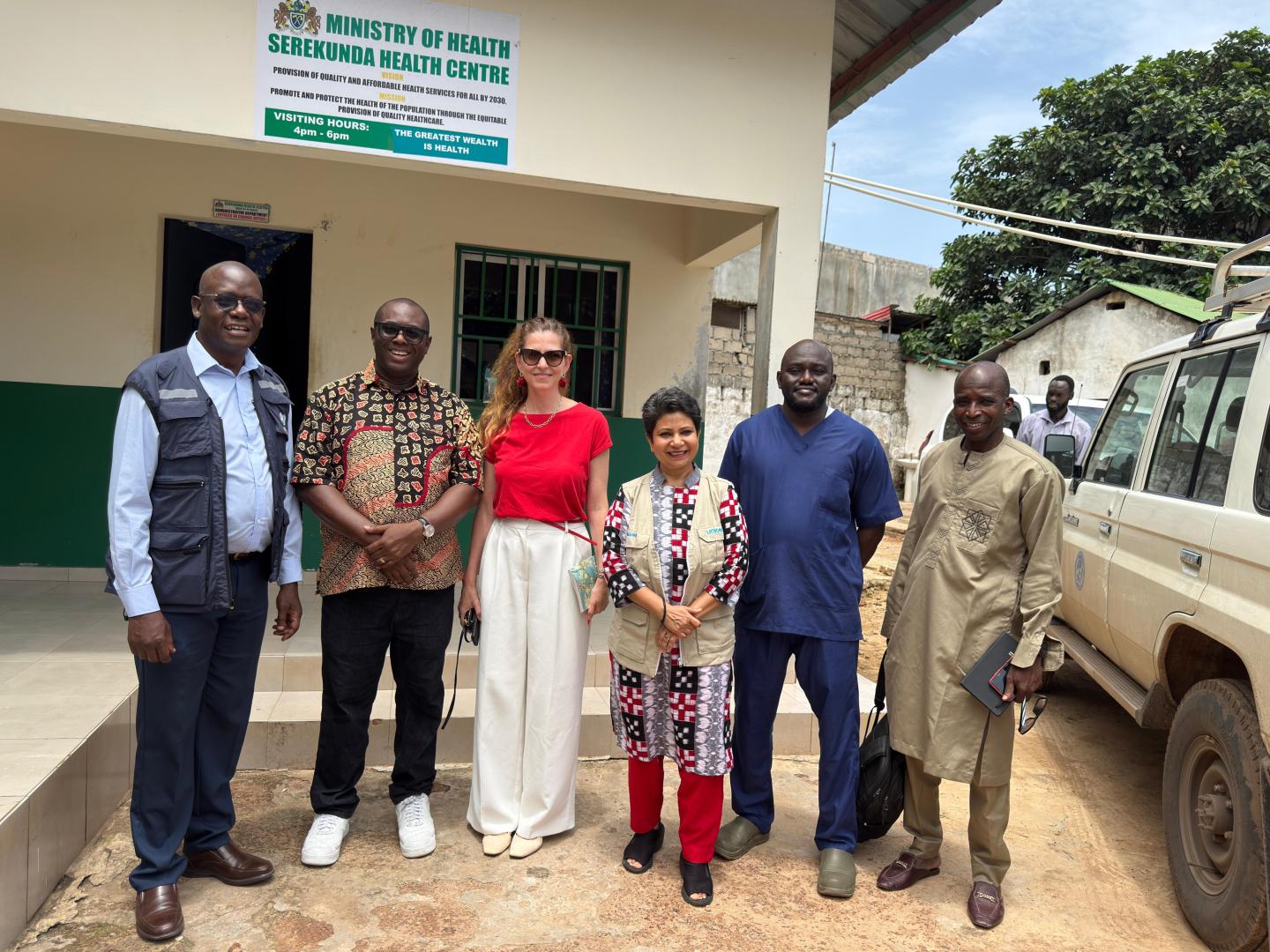 Representatives from Gavi, the Ministry of Health, WHO and UNICEF during a visit to Serekunda Health Centre to support efforts to reach every child with life-saving vaccines.