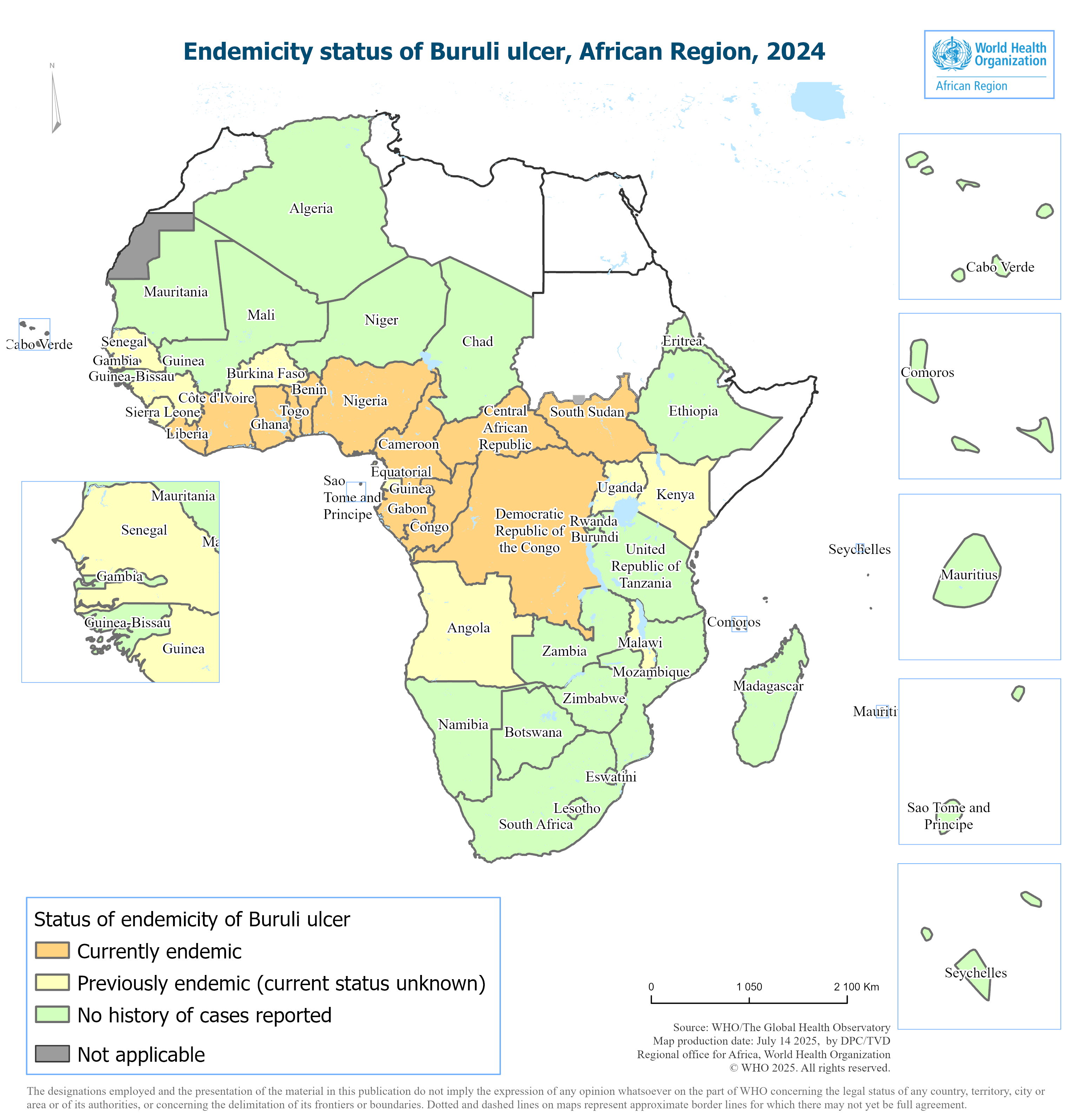 Status of endemicity of Buruli ulcer in the African Region, 2024
