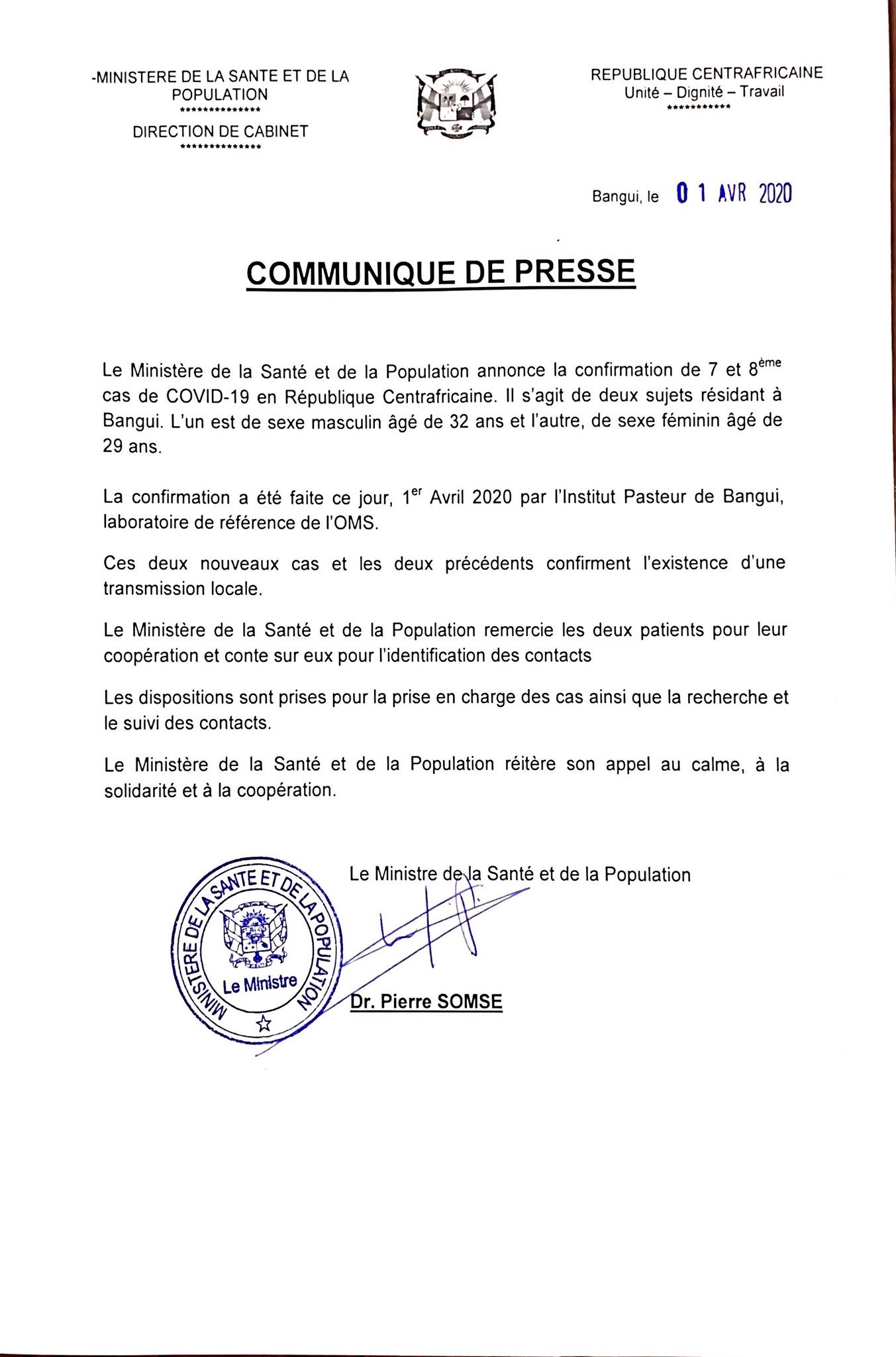 Déclaration du Ministère de la santé et de la Population confirmant une transmission locale de COVID-19 en République centrafricaine