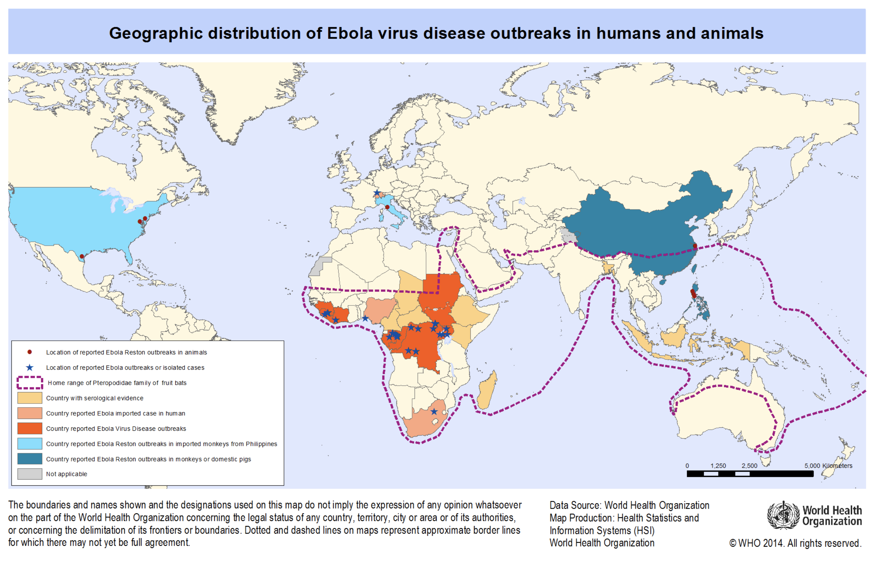 Geographic distribution of Ebola virus disease outbreaks in humans and animals