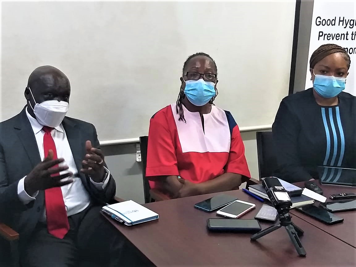 WHO Country Rep. Dr. Clement, Health Minister Dr. Jallah and NPHIL Director General briefing the media on the confirmed case of Monkeypox in Liberia 