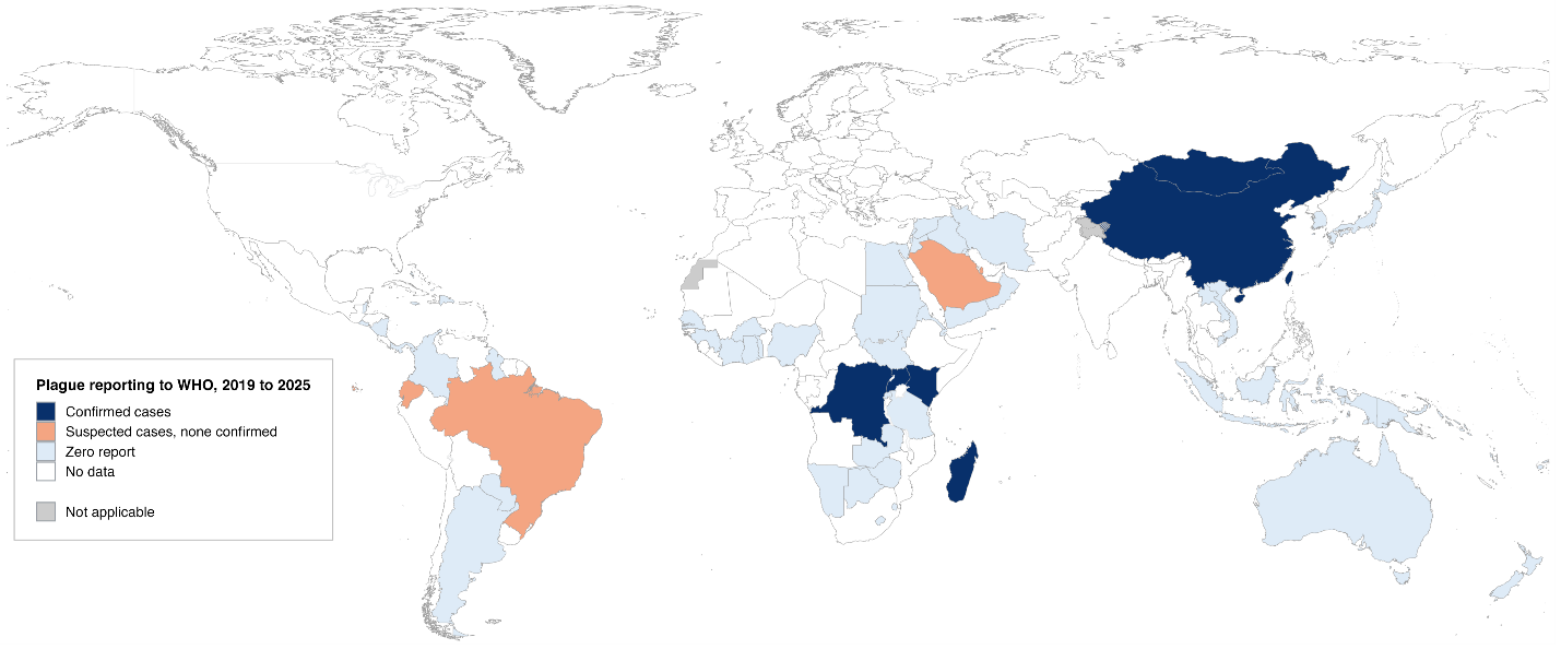 World map of countries reporting human plague cases to WHO, 2019–2025