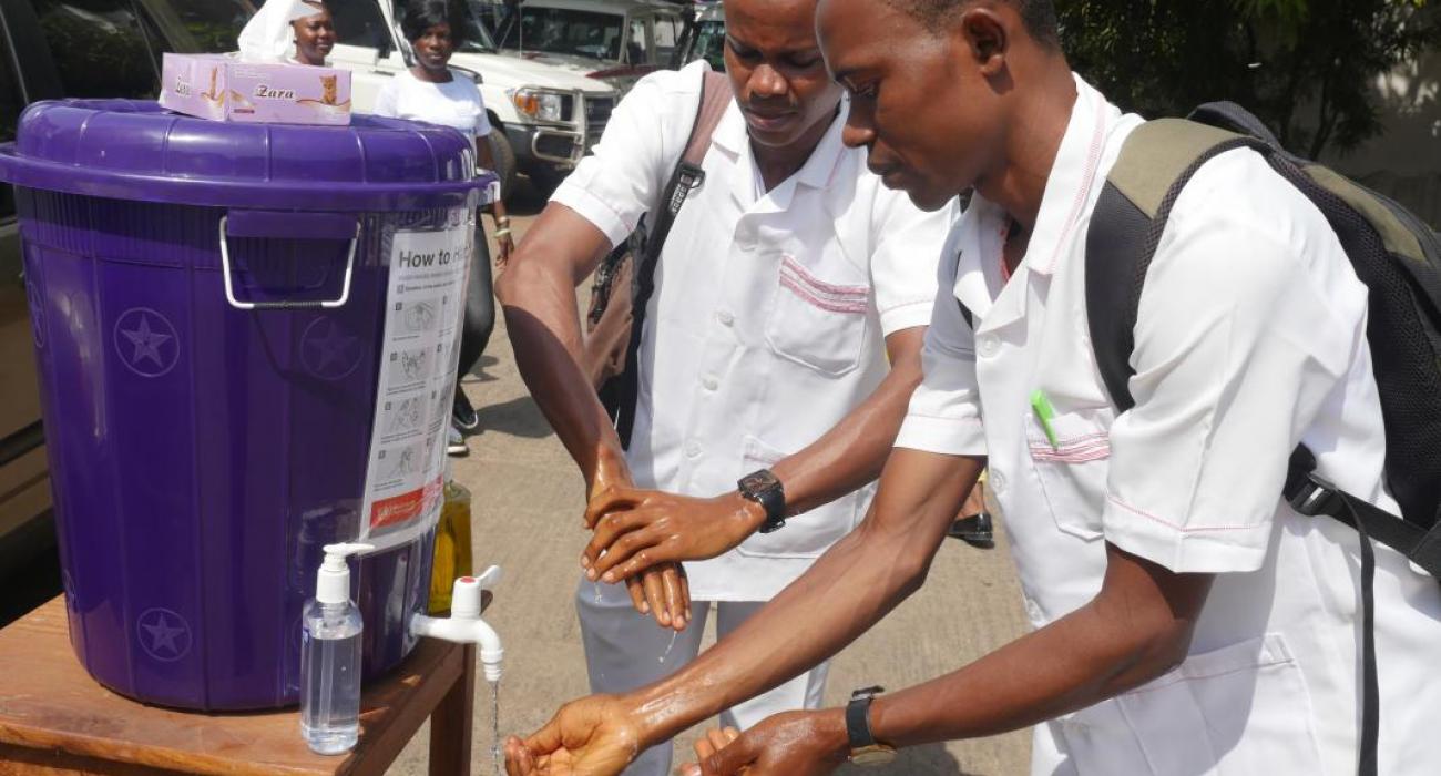 A hand washing station at the Connaught Hospital in Freetown