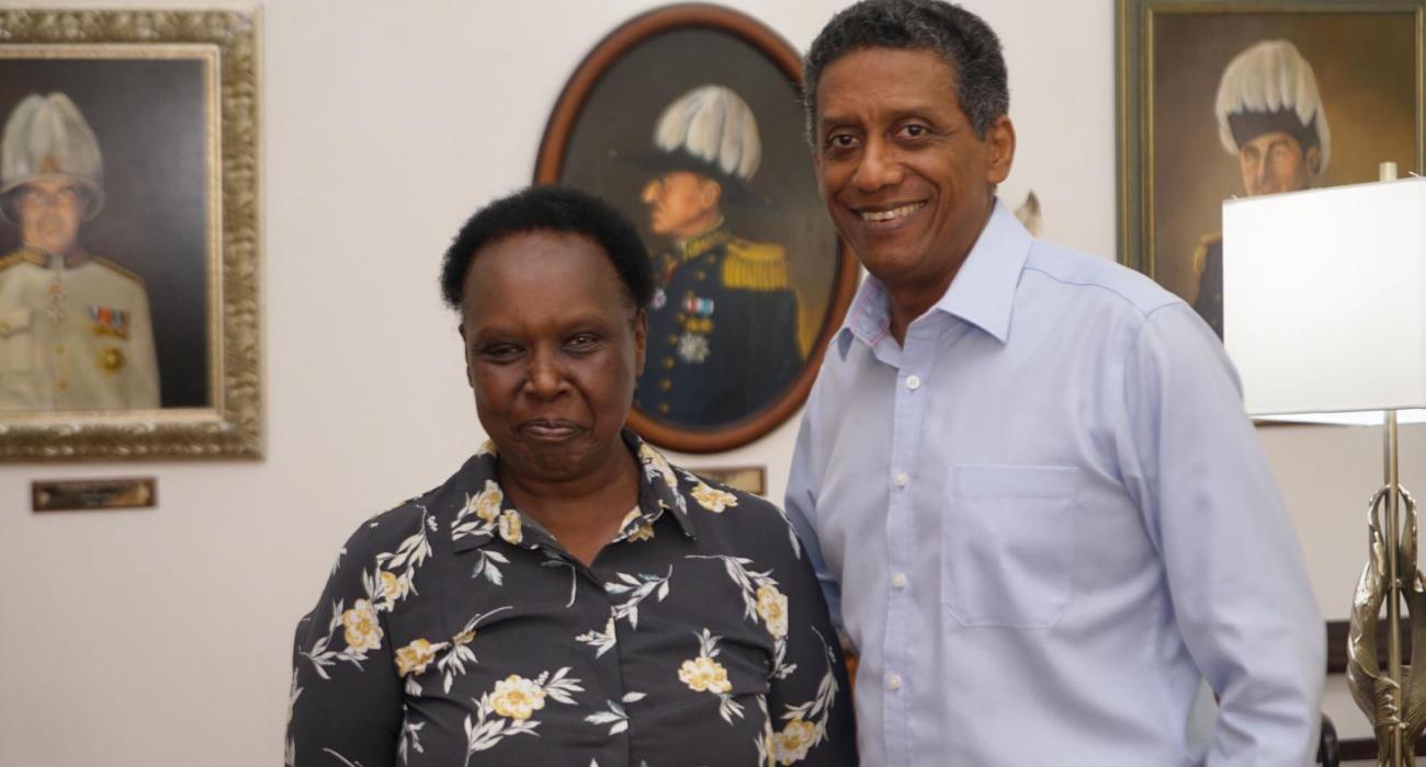 Seychelles WR Dr. Teniin Gakuruh with the Head of State HE Danny Faure at State House, Victoria, Seychelles